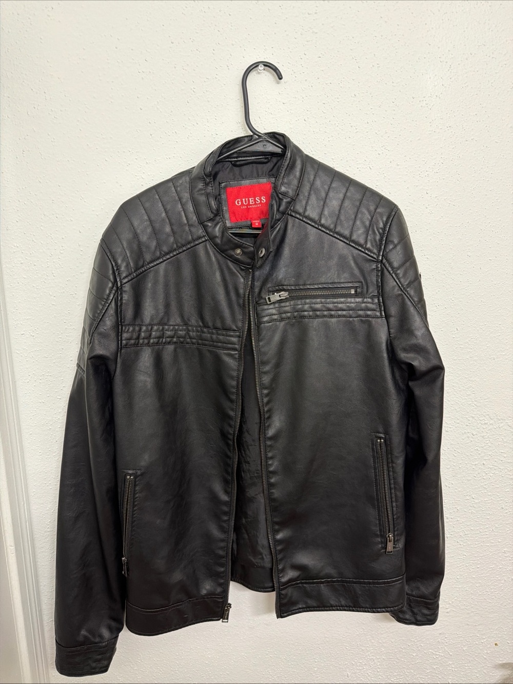 Guess Men's Faux Leather Racer Jet Black Med ZUKO Biker Jacket